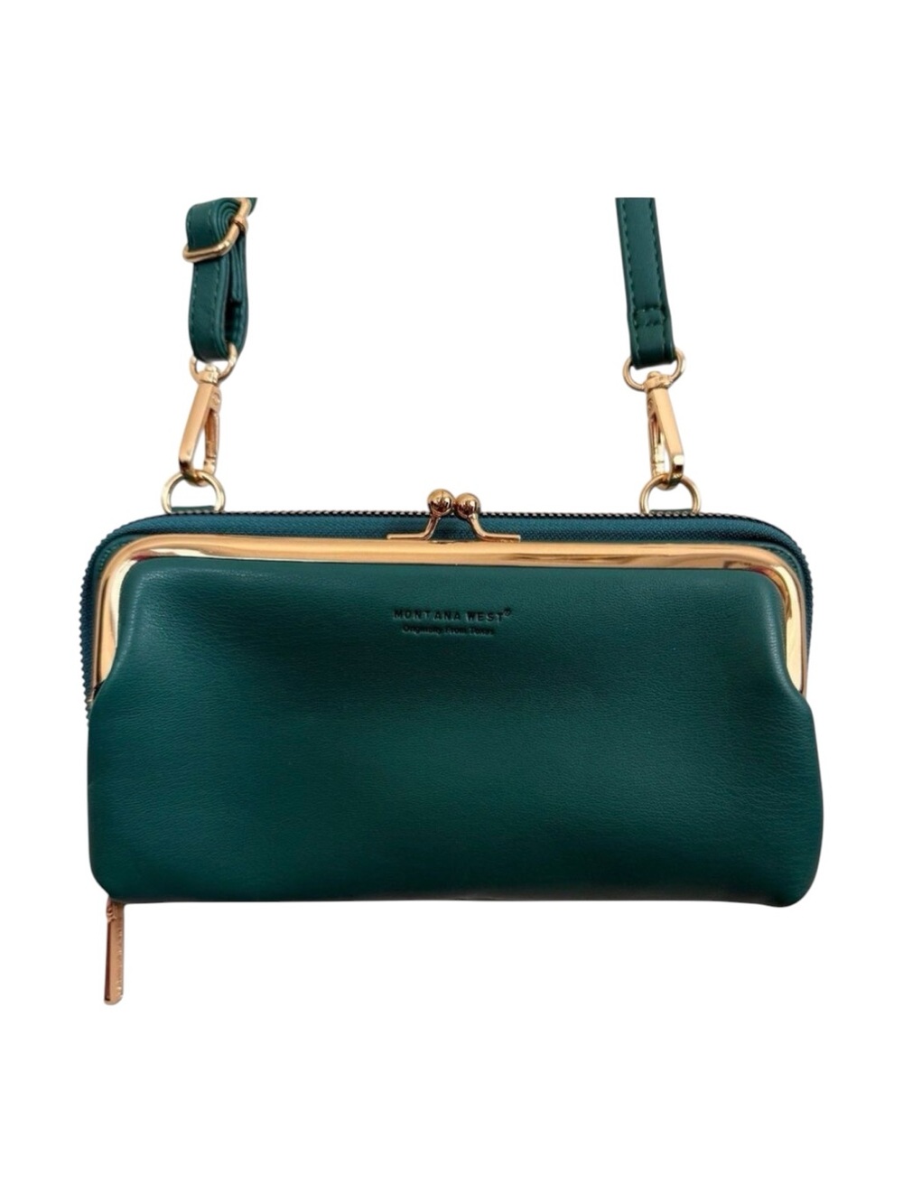 Montana West Crossbody Wallet Clutch Green Leather Removable Straps Kiss Lock